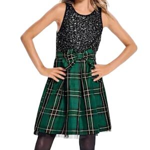 NWT Children's Place Chic Black Sequins Bodice Green/Gold Plaid Pullover Dress